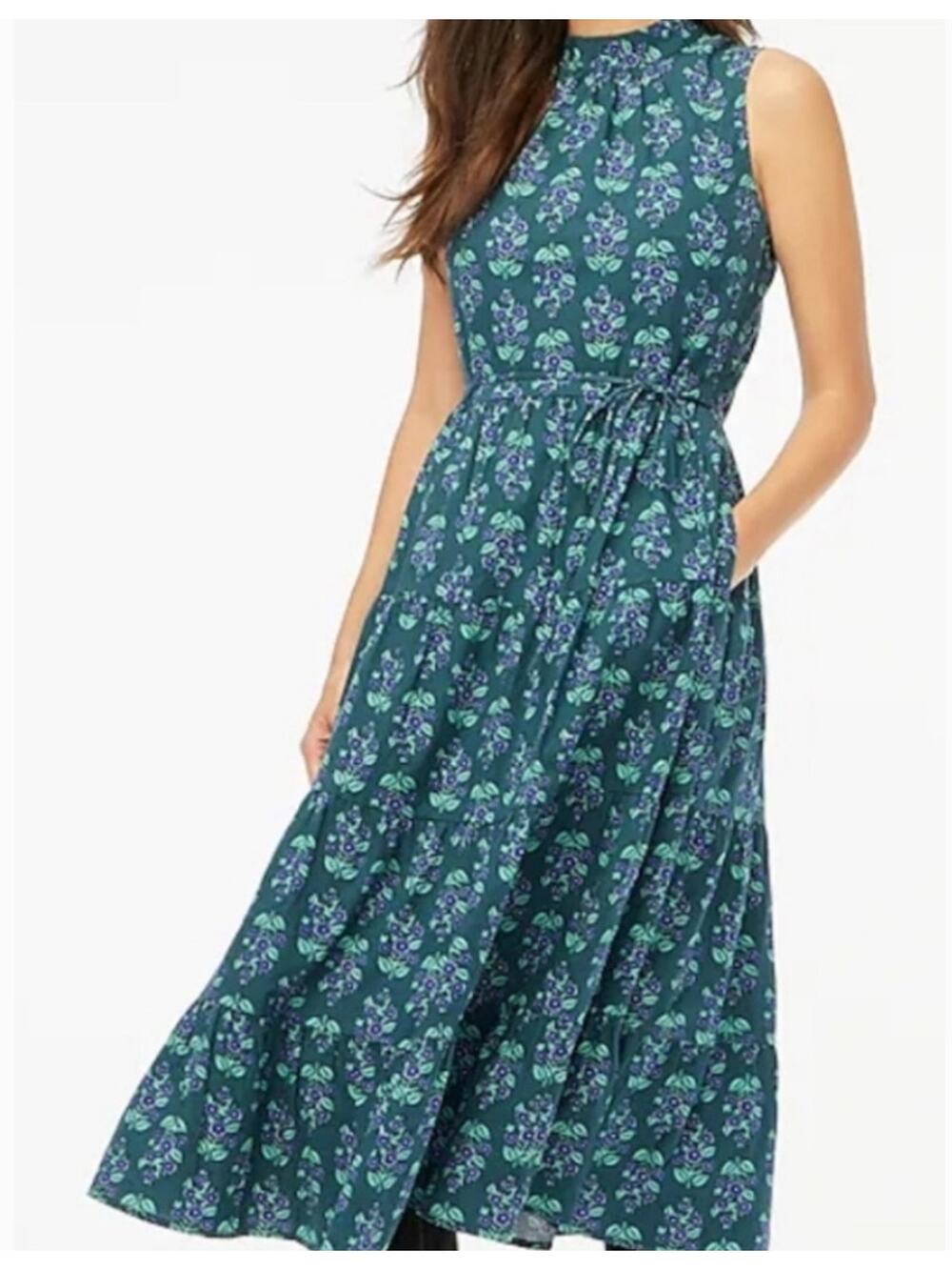 J. Crew Printed Mock Neck Tiered Midi Dress Warm Spruce Green Blue Size 16 NWT